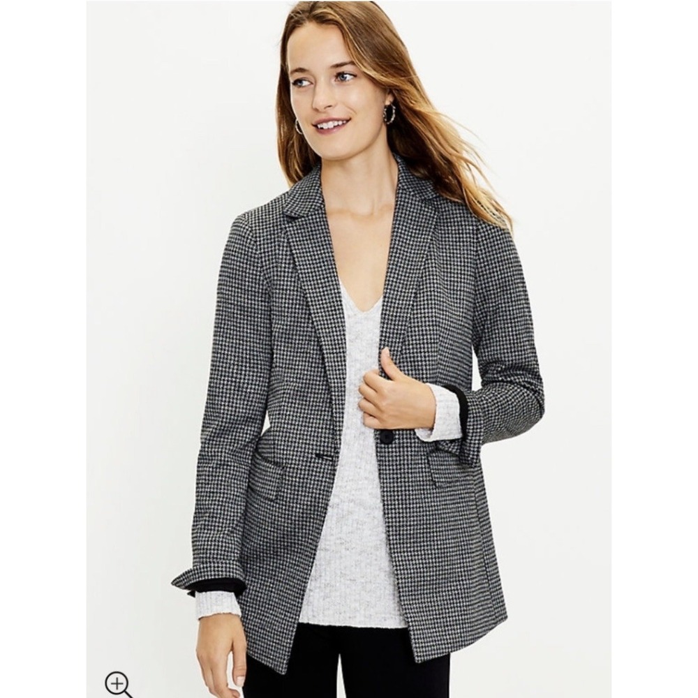 LOFT Houndstooth Boyfriend Blazer Womens 10 Black White One Button Career